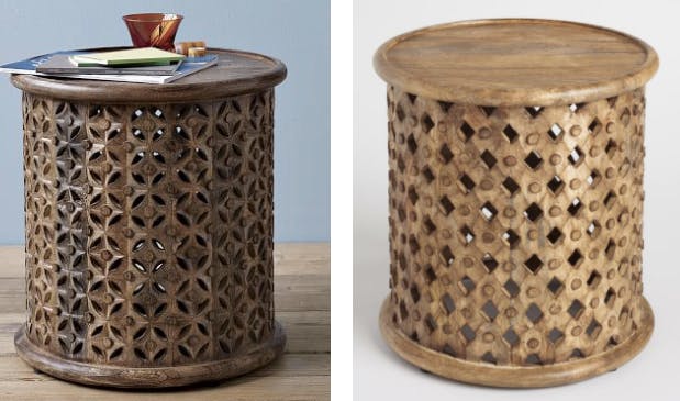 West Elm Carved Wood Side Table and World Market Tribal Carved Wood Accent Table comparison