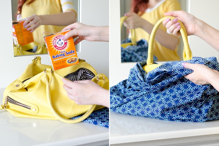 someone putting baking soda in their purse and putting the purse in a pillowcase
