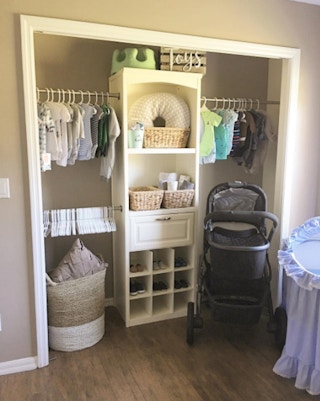 You can also place a bookshelf in the center of a closet and use tension rods to hang clothes on each side.