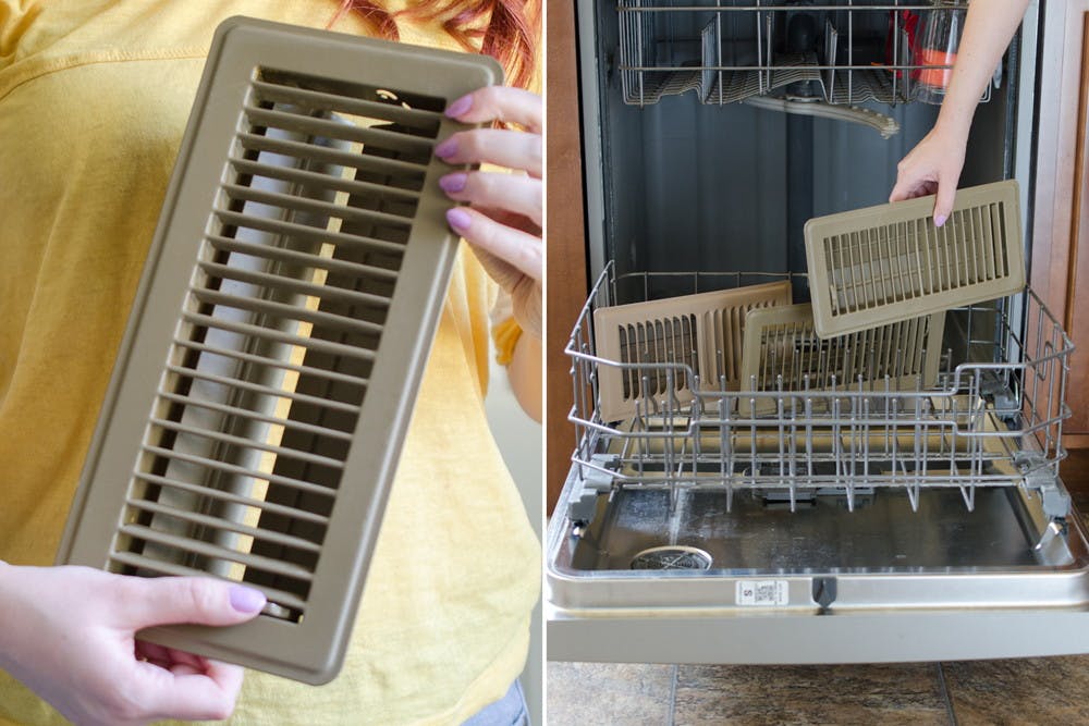 A person holding a floor vent next to a person putting floor vents into a dishwasher to be washed.