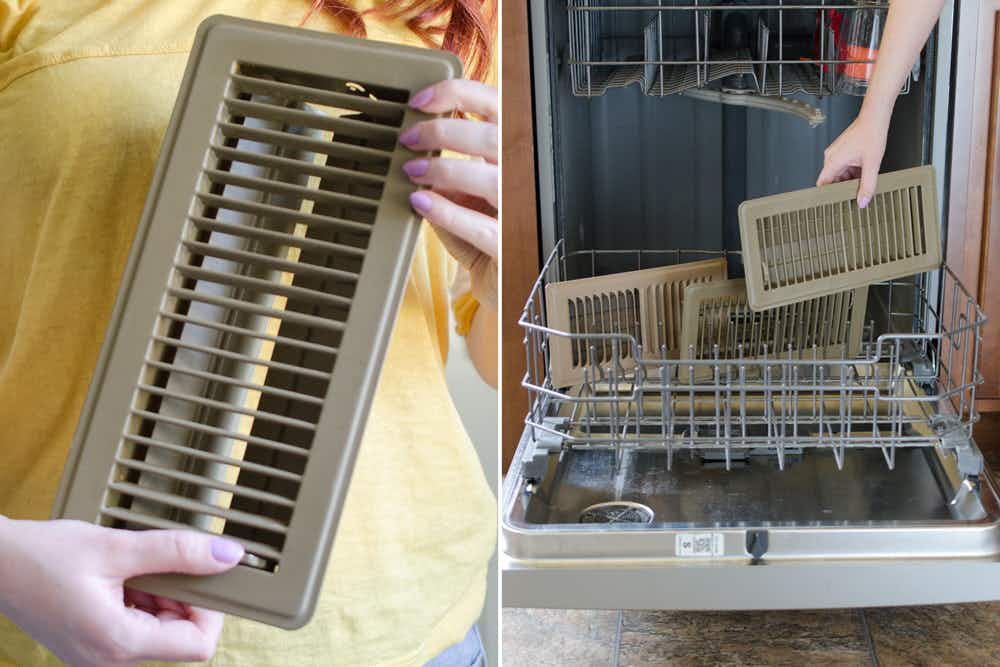 A person holding a floor vent next to a person putting floor vents into a dishwasher to be washed.