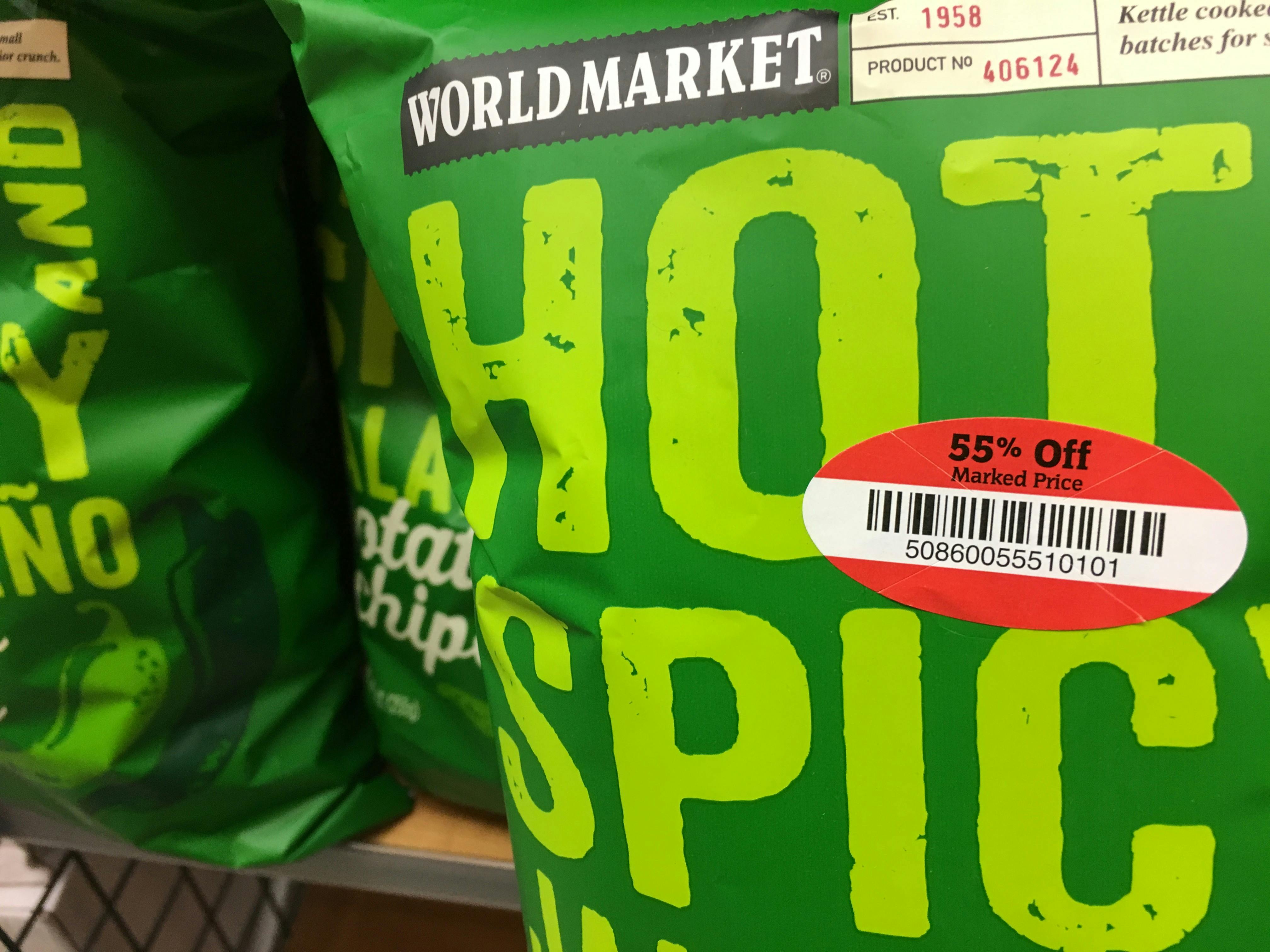 world market hot and spicy jalapeno potato chips with clearance sticker