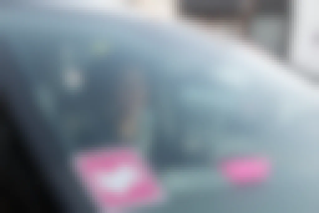 - A woman sitting in a car, shown through the windshield, which has a pink Lyft sticker in the left corner and a pink mustache trinket on the dashboard.