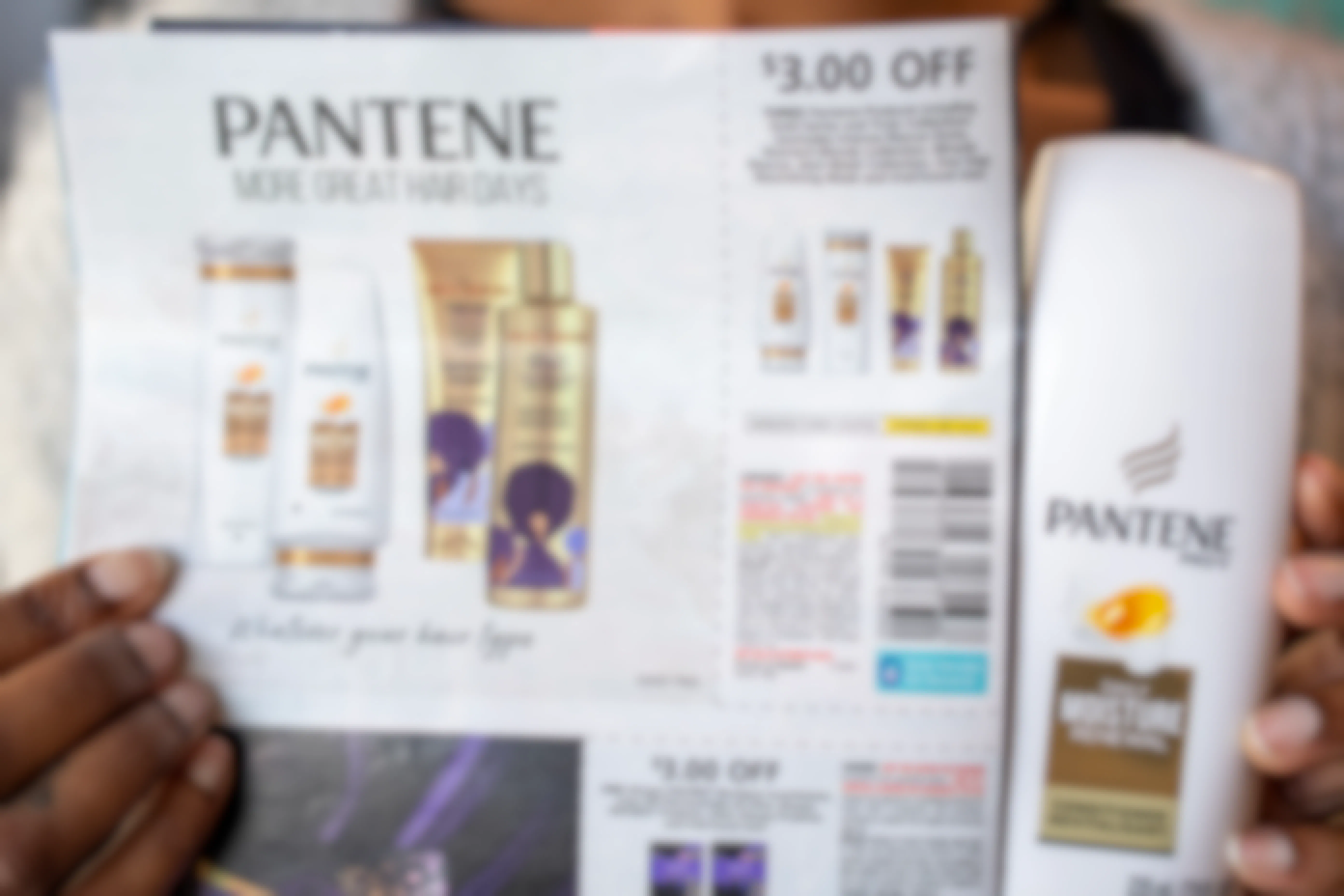 A Pantene bottle next to a Pantene manufacture coupon