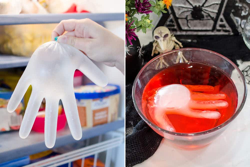 A rubber glove filled with water, being put into a freezer. The "frozen hand" made from the rubber glove in a punch bowl.