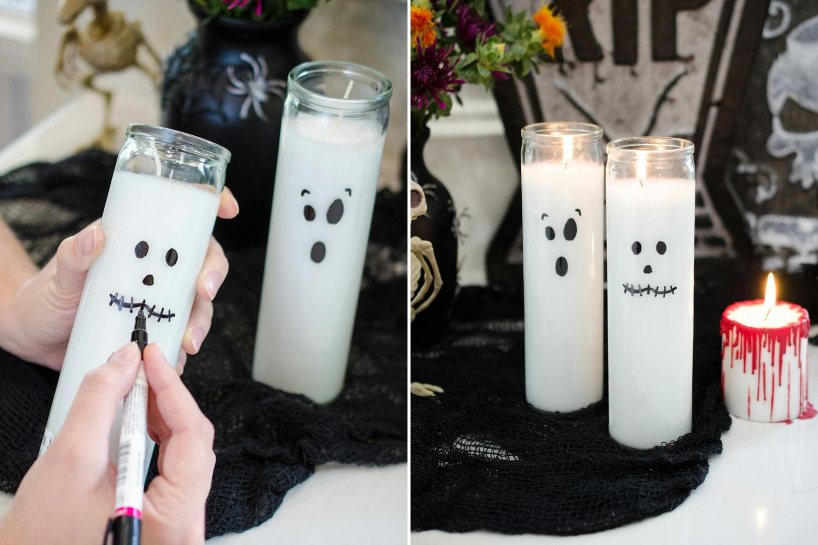 Ghost faces drawn onto the outside glass of a white pillar candle.