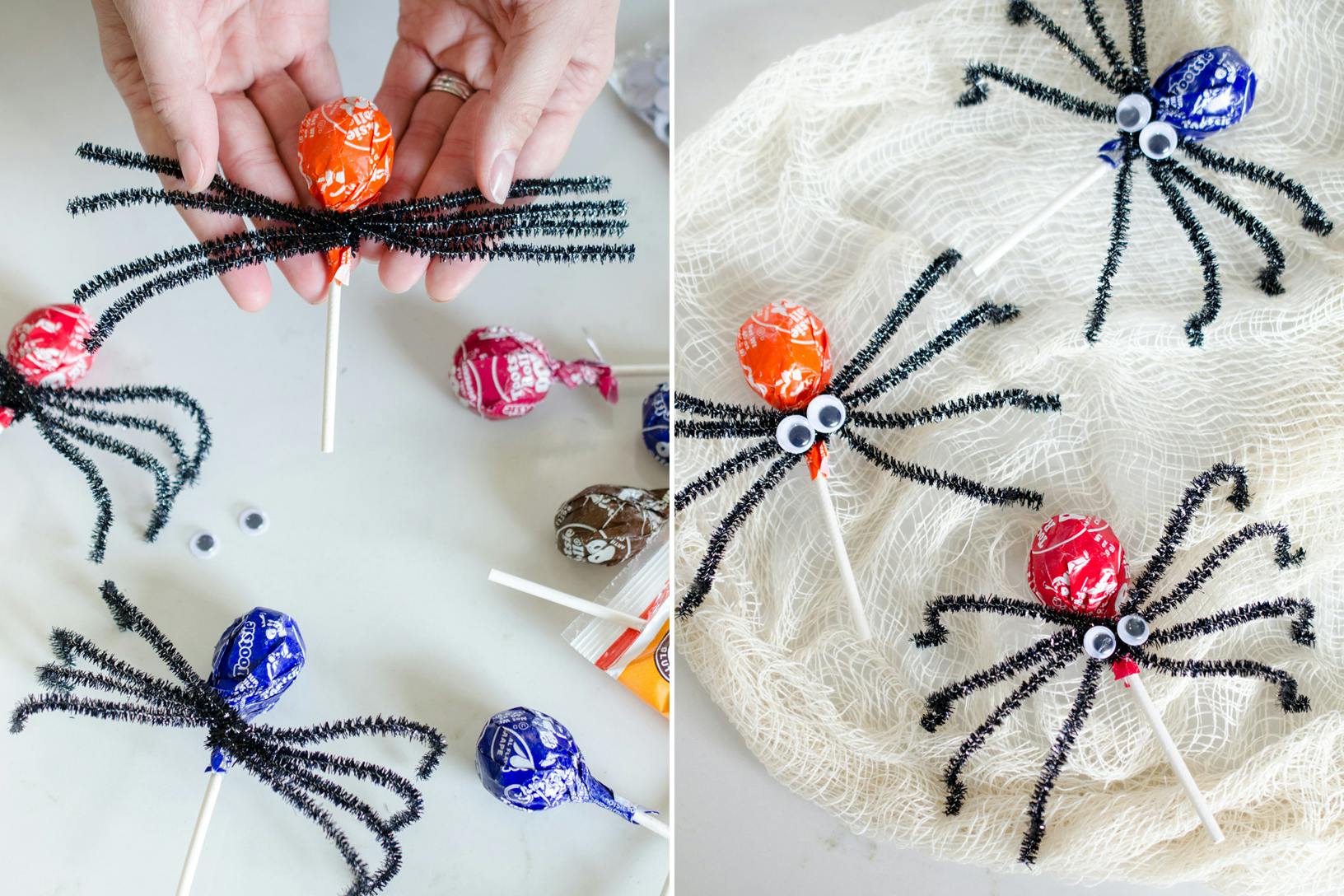 Pipe cleaners being twisted around a lollipop candy.
