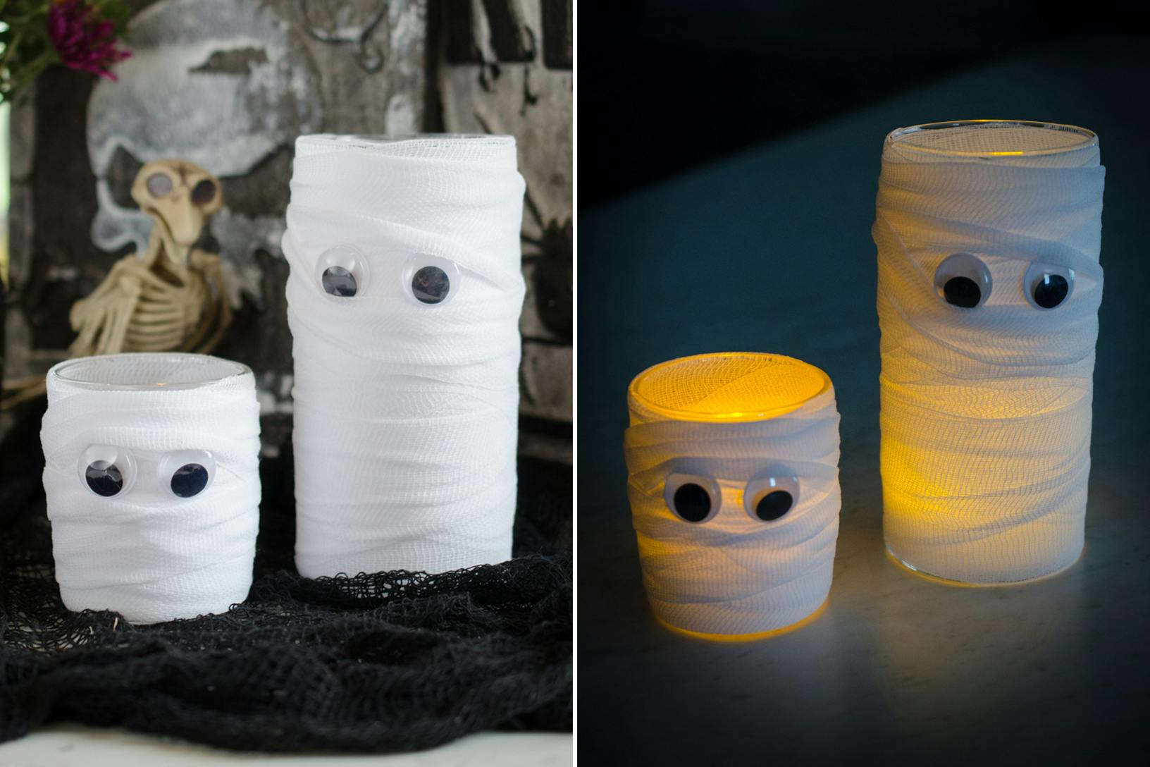Candle holders lit and unlit with gauze wrapped around around them, googly eyes glued on to make them look like mummys