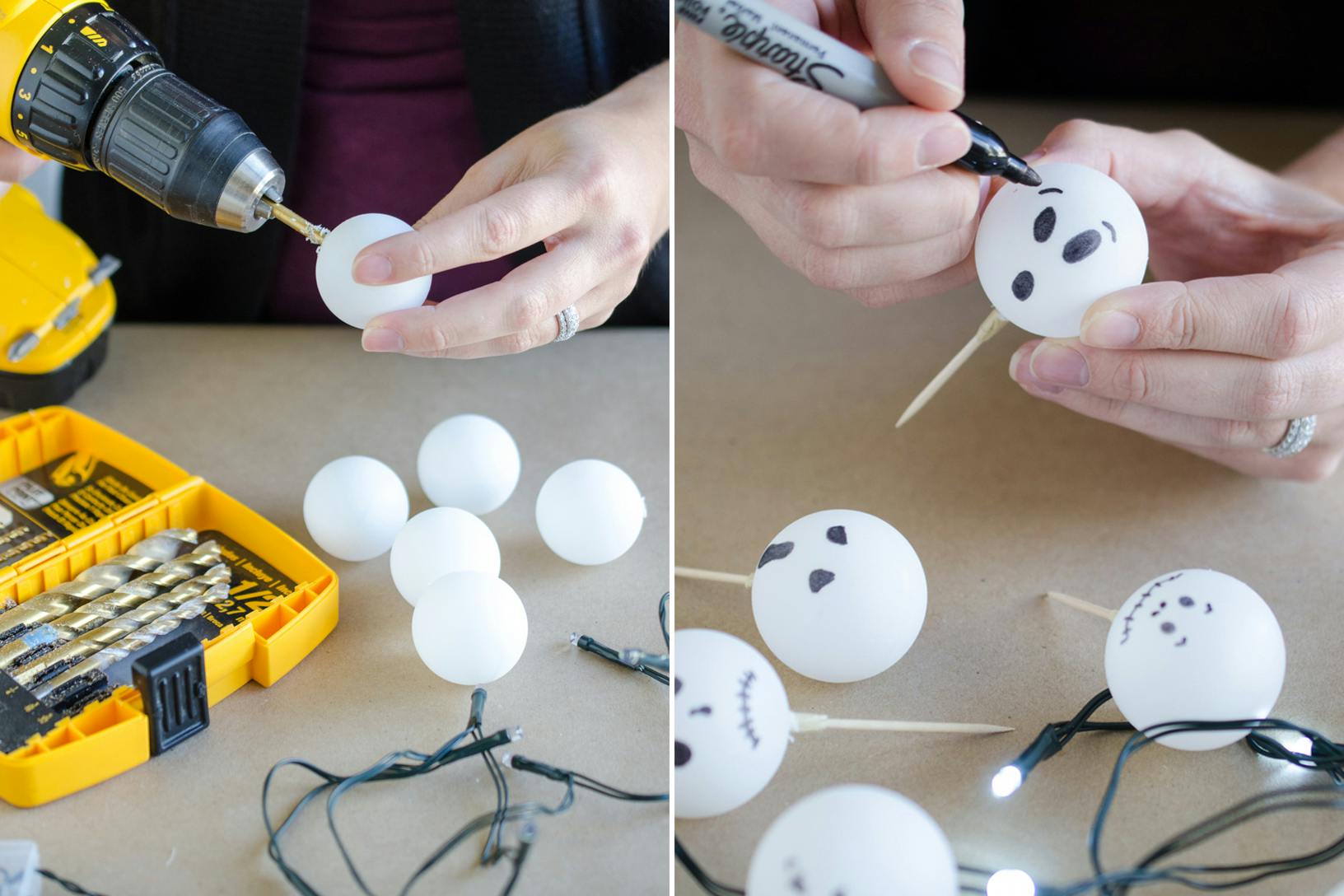 someone using a drill to stick holes in a ping pong ball, putting toothpicks in them and drawing faces on them with sharpie