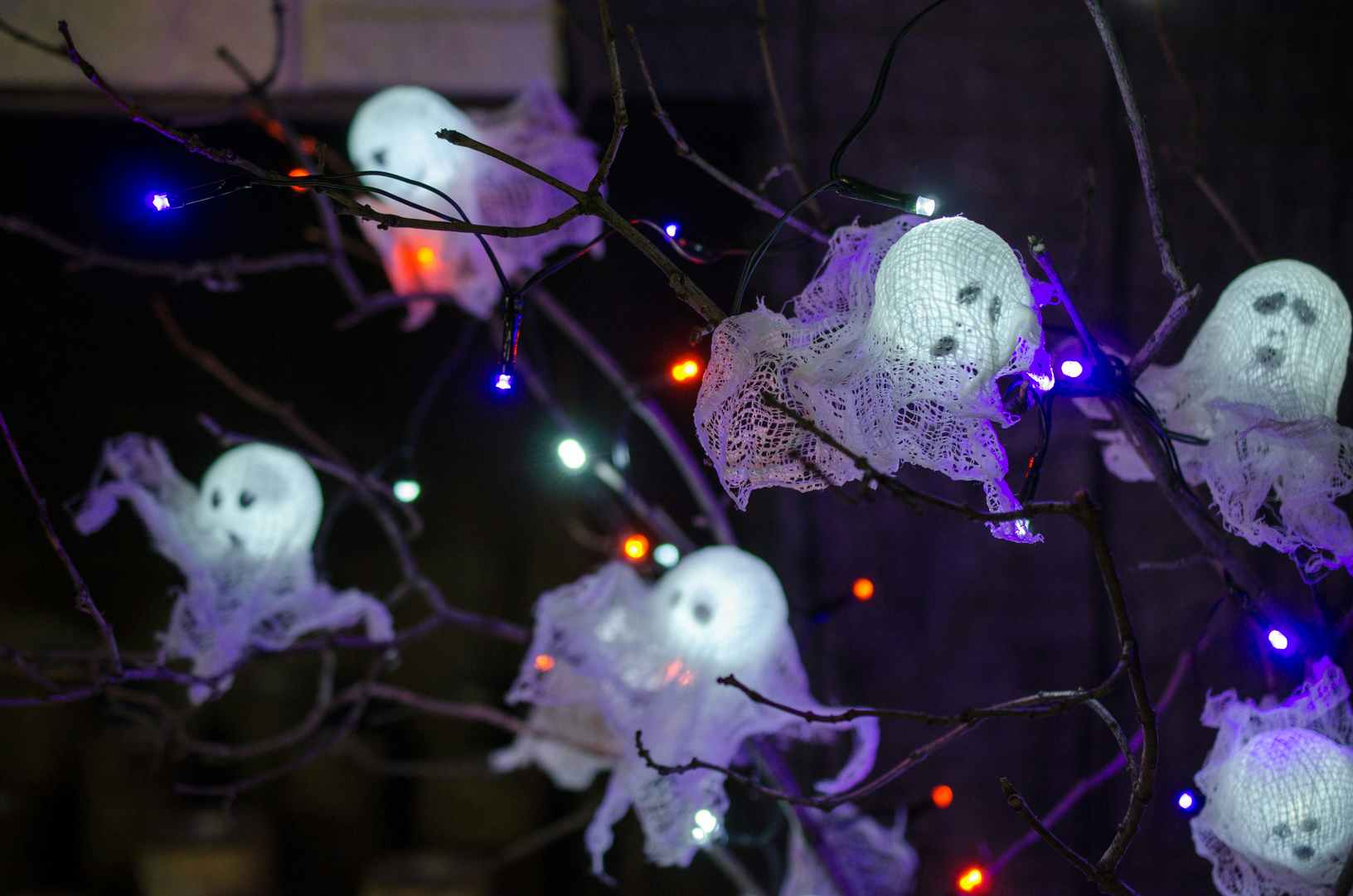 string ghost lights on a tree branch