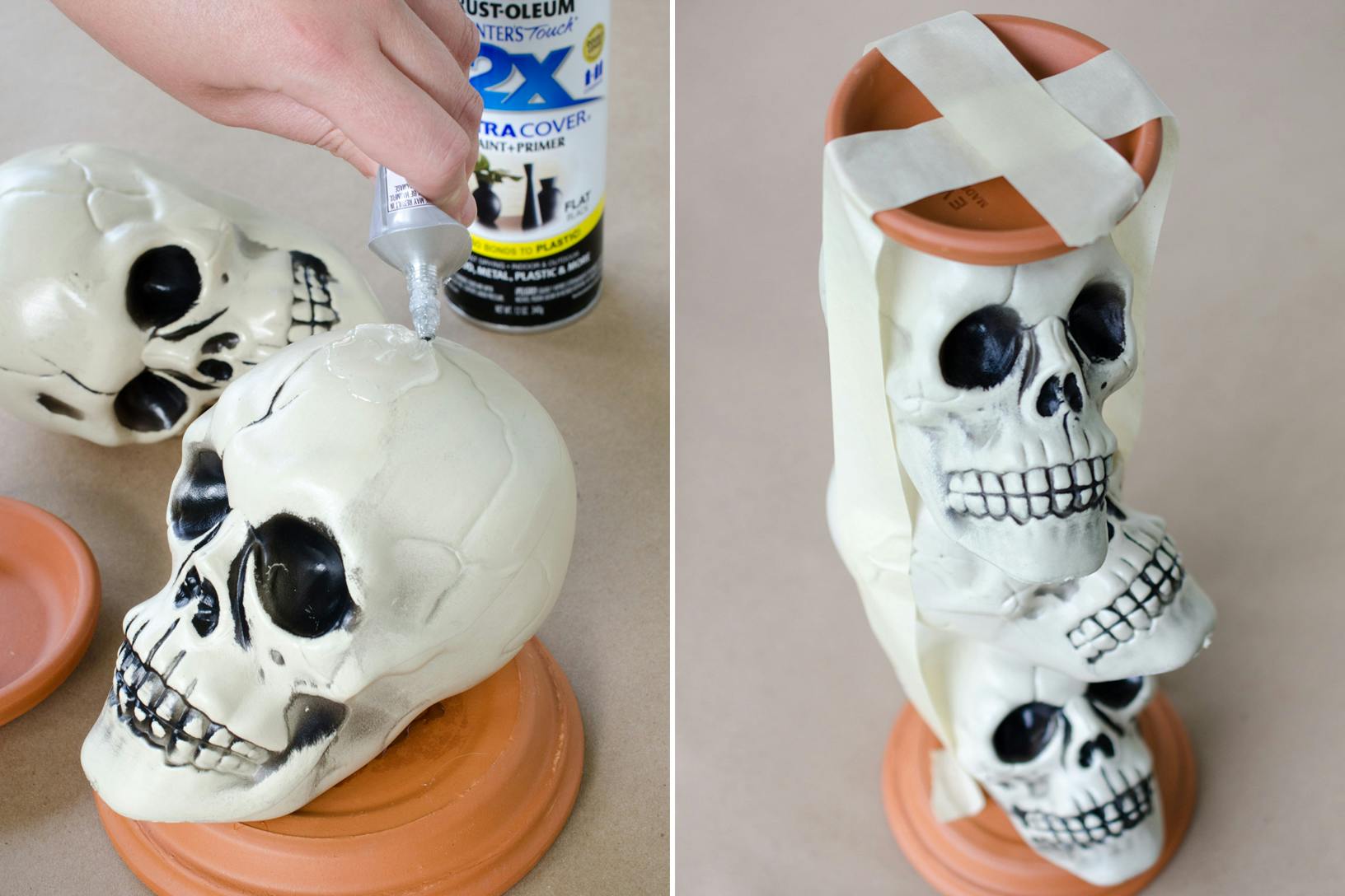 someone gluing a fake skull on a plant saucer and tape holding them together