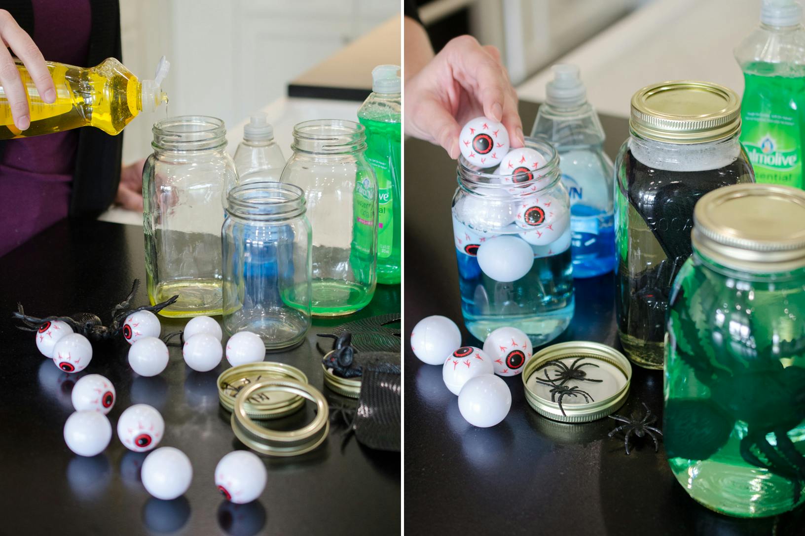 A person adding plastic eyes balls and spiders to a jar filled with dish soap and water.