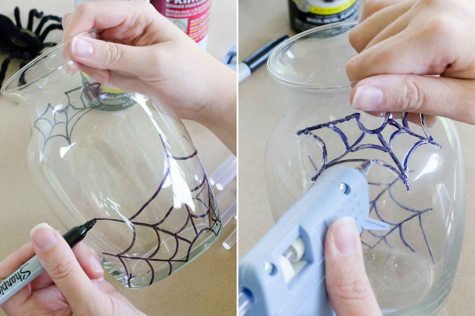 someone using a sharpie to draw web on a vase and then someone using hot glue on the web