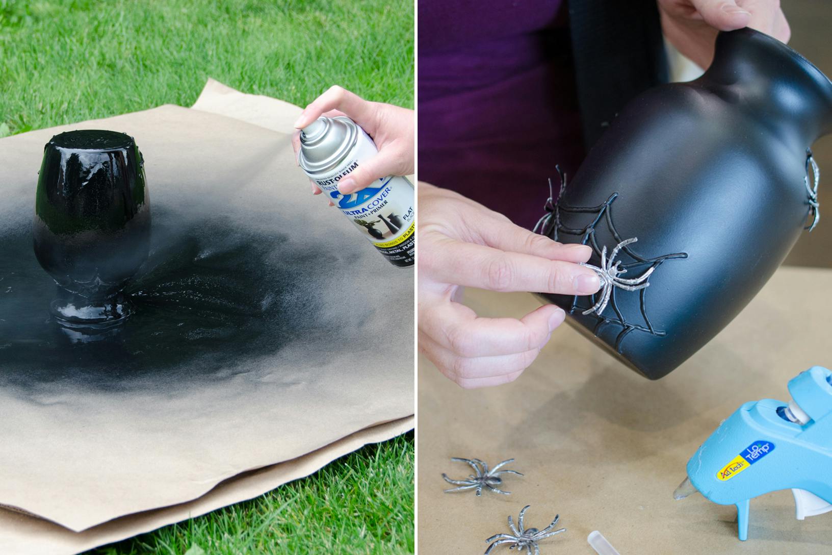someone spray painting a vase black and sticking fake spiders on it