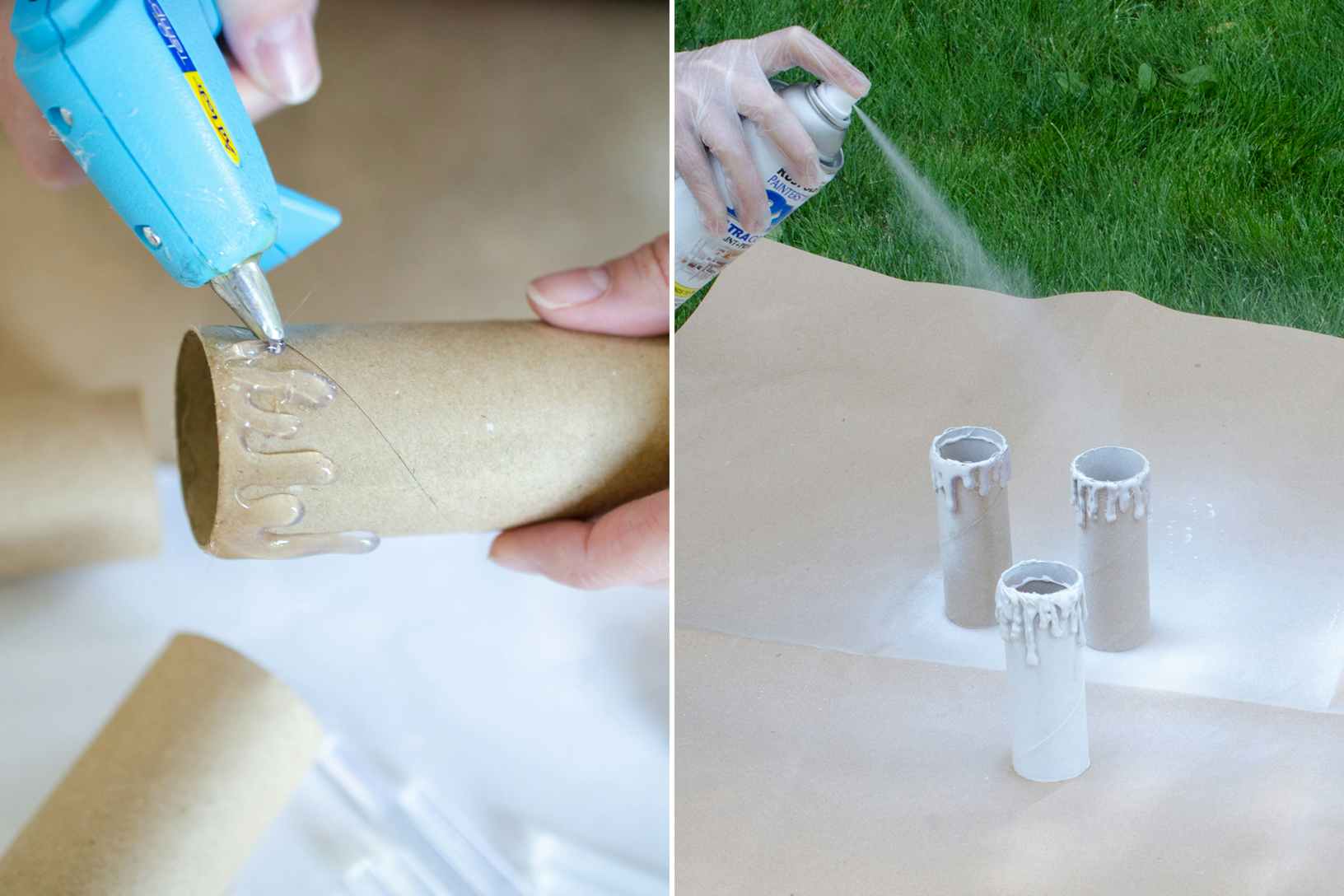 someone gluing drips on toilet paper tube and spray painting them white