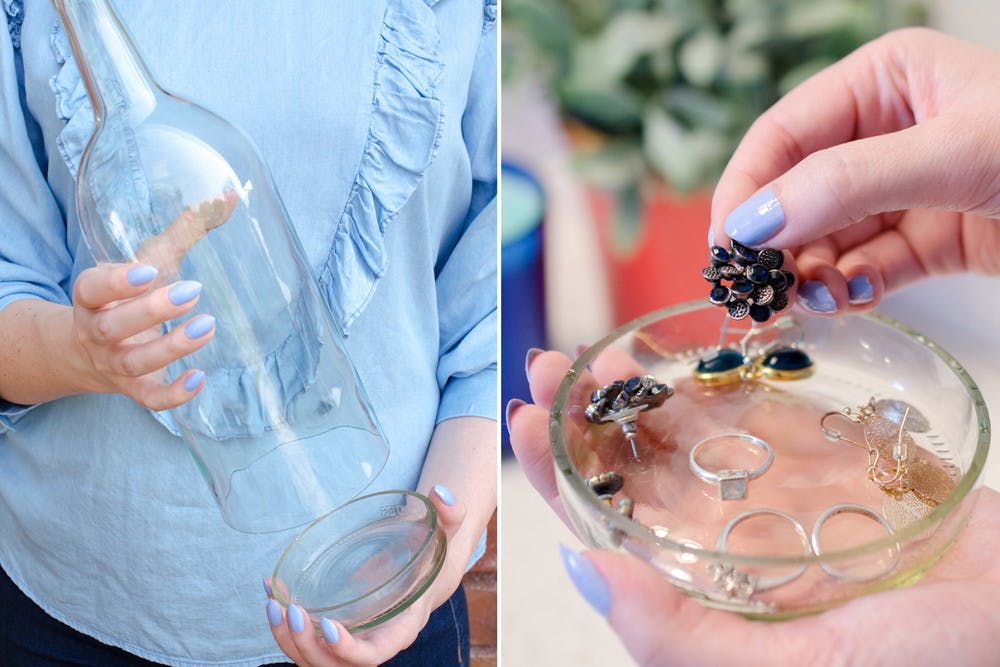 Turn the bottom of a wine bottle into a jewelry dish.