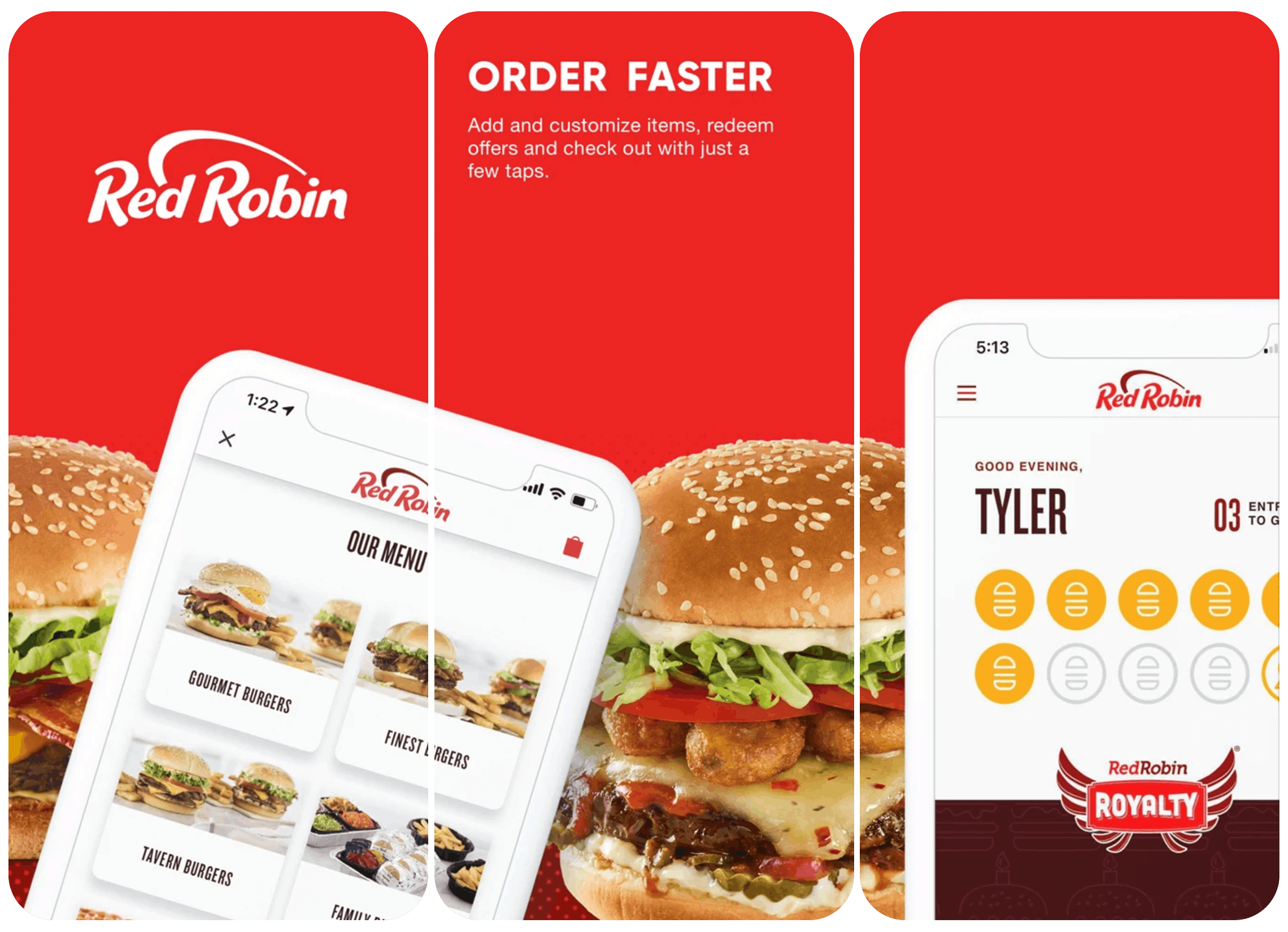 A screenshot advertising the Red Robin mobile app, with a graphic of two iPhones displaying the menu and rewards page, and two burgers in the background.