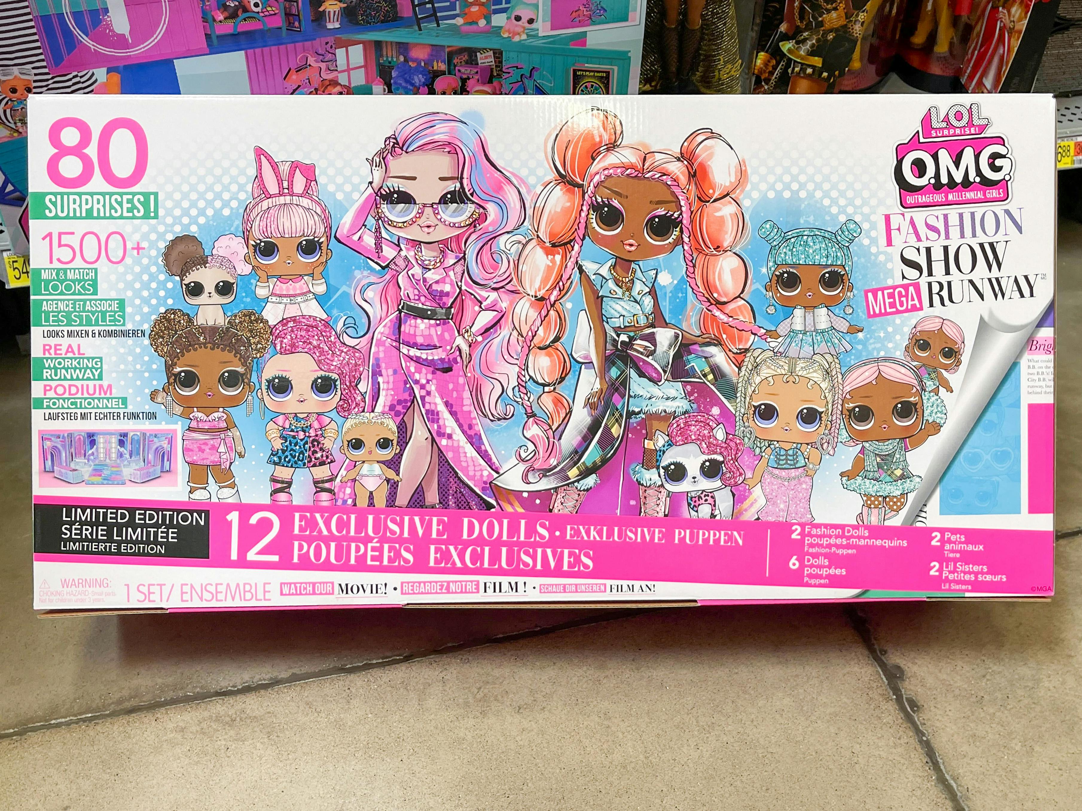 An LOL Surprise Dolls Fashion Show Runway set in front of a shelf.