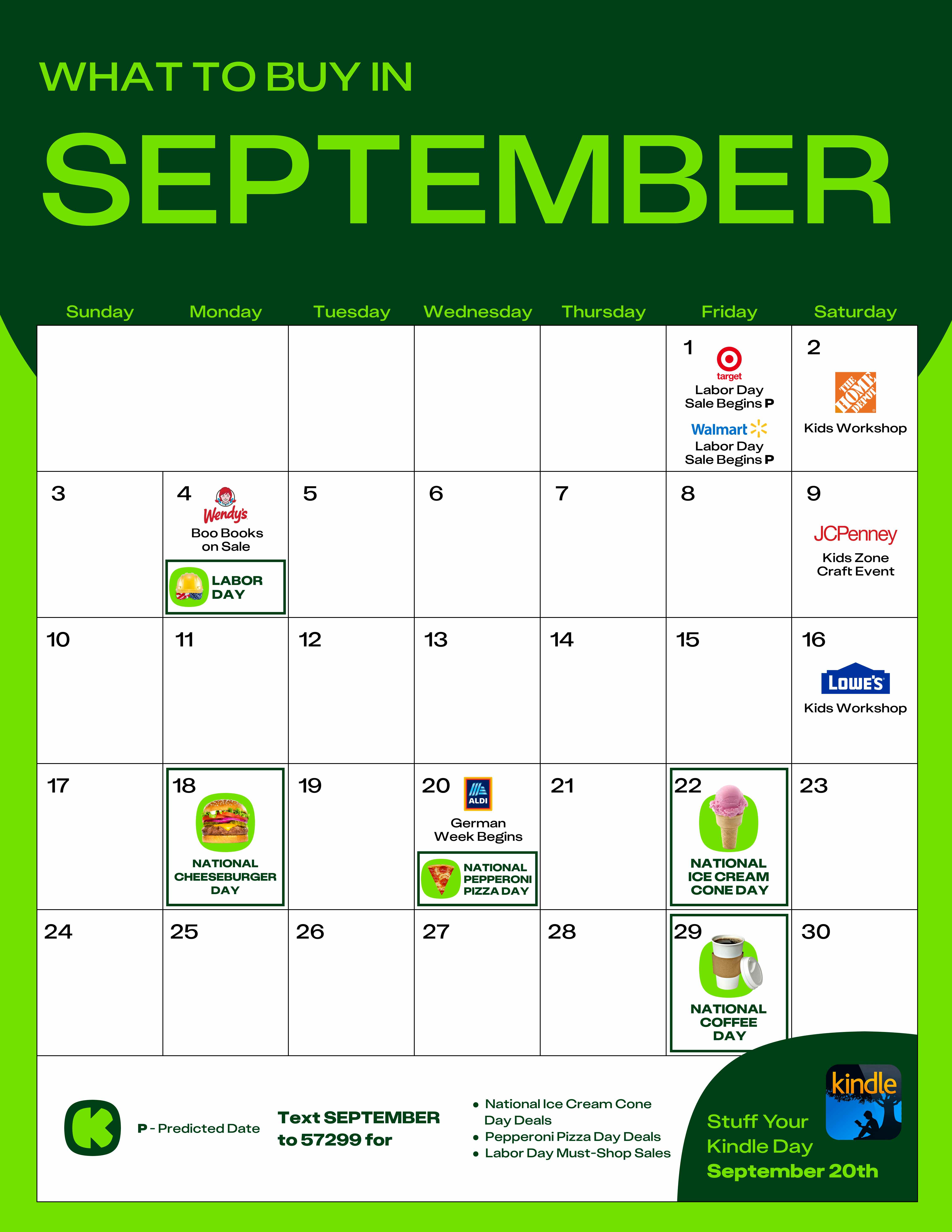 a calendar of shopping dates and sales in September in September
