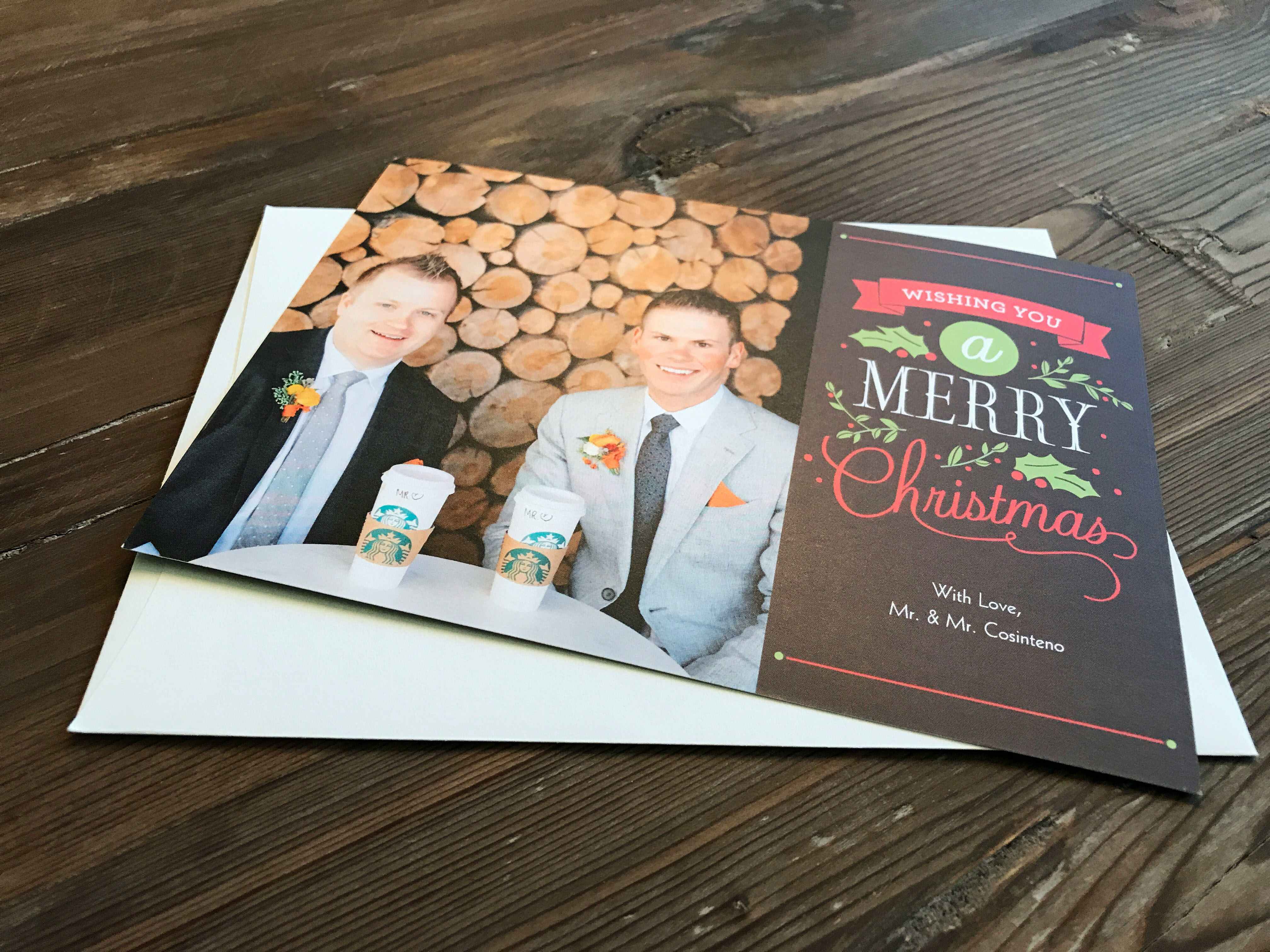 A Christmas photo card printed from the Costco photo center