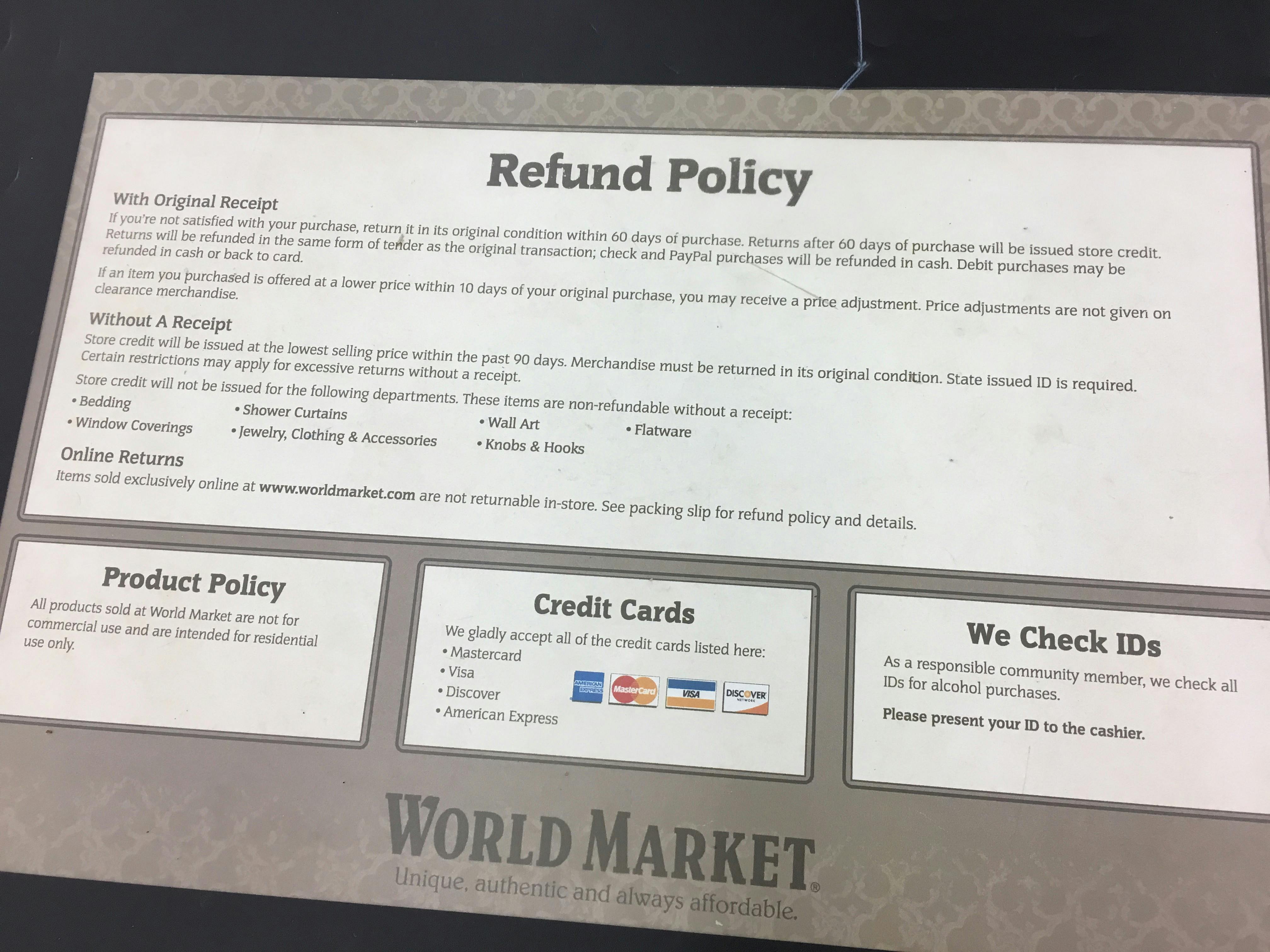 world market in-store refund policy
