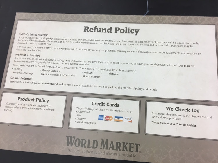 world market in-store refund policy