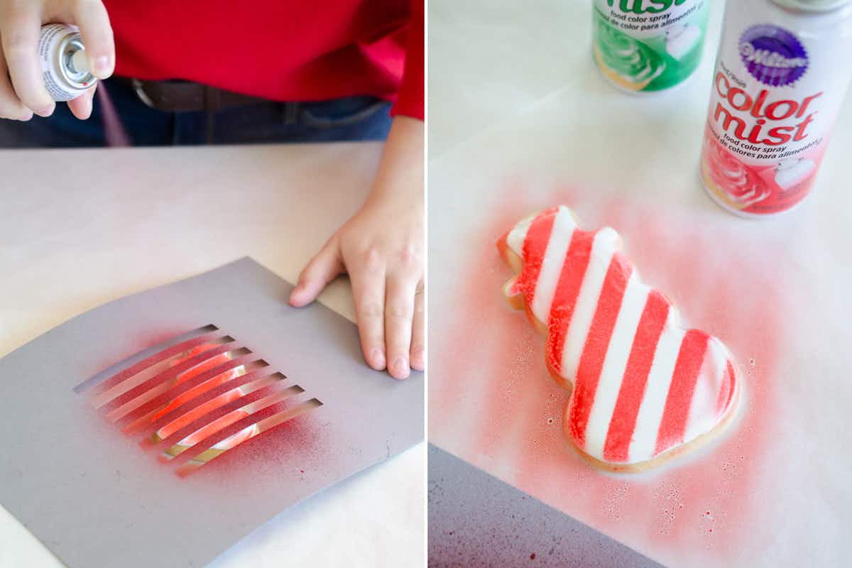Add gingham print to cookies using Wilton's Color Mist and a DIY cardstock stencil.
