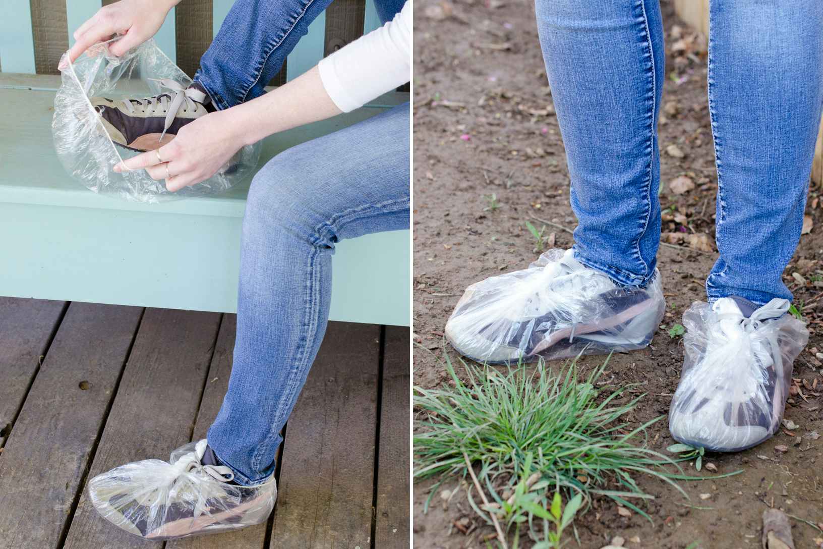 A person putting shower caps over their running shoes to protect them from mud.