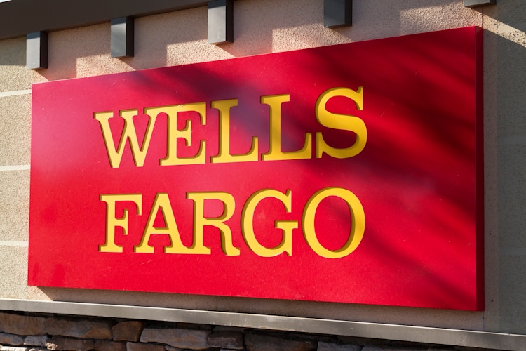 The Wells Fargo logo on a wall