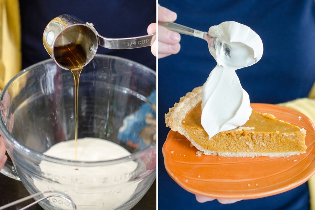 A person pouring a measuring spoon of maple syrup into a mixing bowl, and a person spooning whipped cream onto a piece of pumpkin pie.