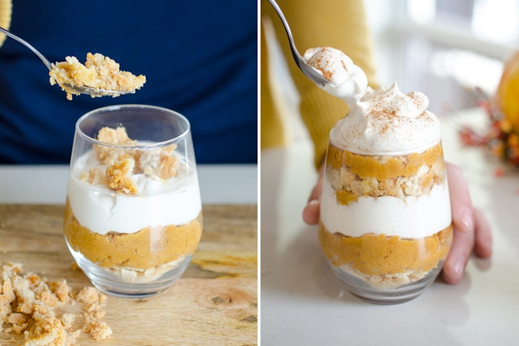 A person layering pieces of shopped pumpkin pie and whipped cream into a glass.
