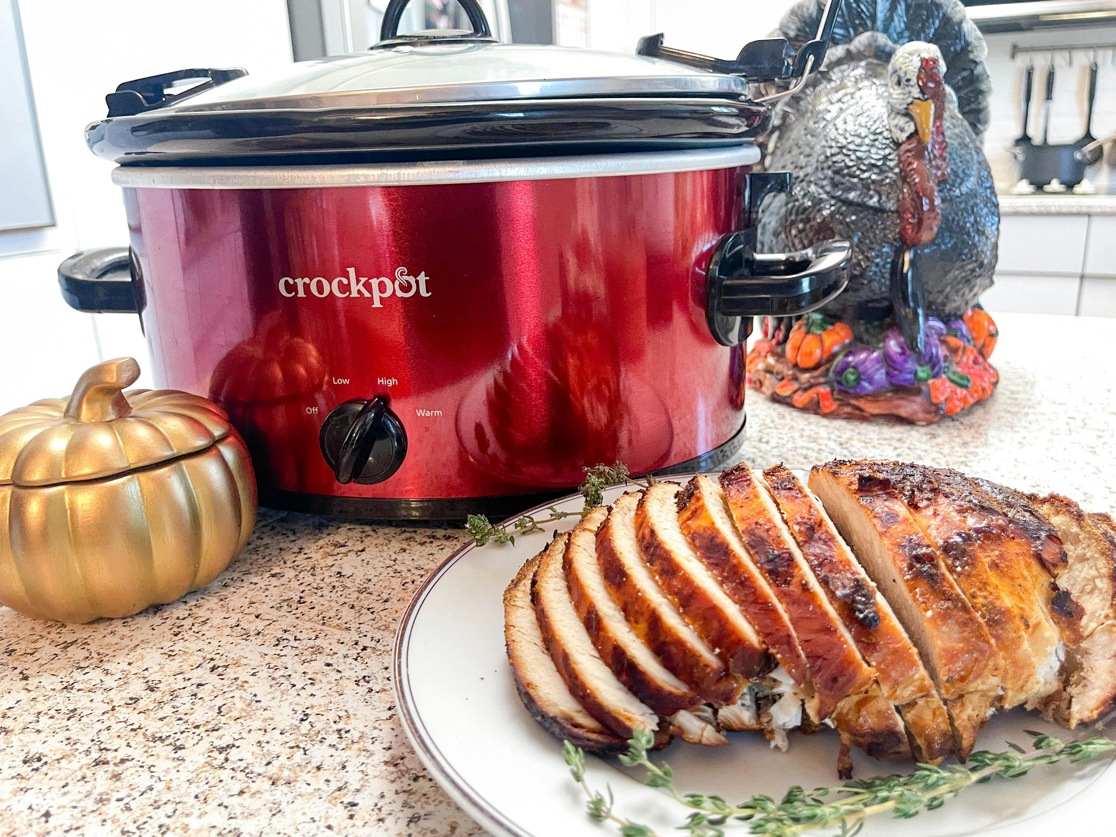 A plate of sliced turkey breast in front of a crockpot.