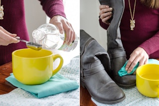 A person cleaning shoes with vinegar