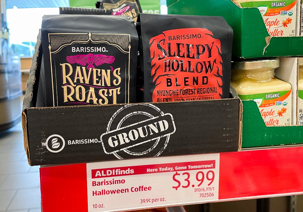 Bags of coffee stocked on an Aldi self with a price tag of $3.99