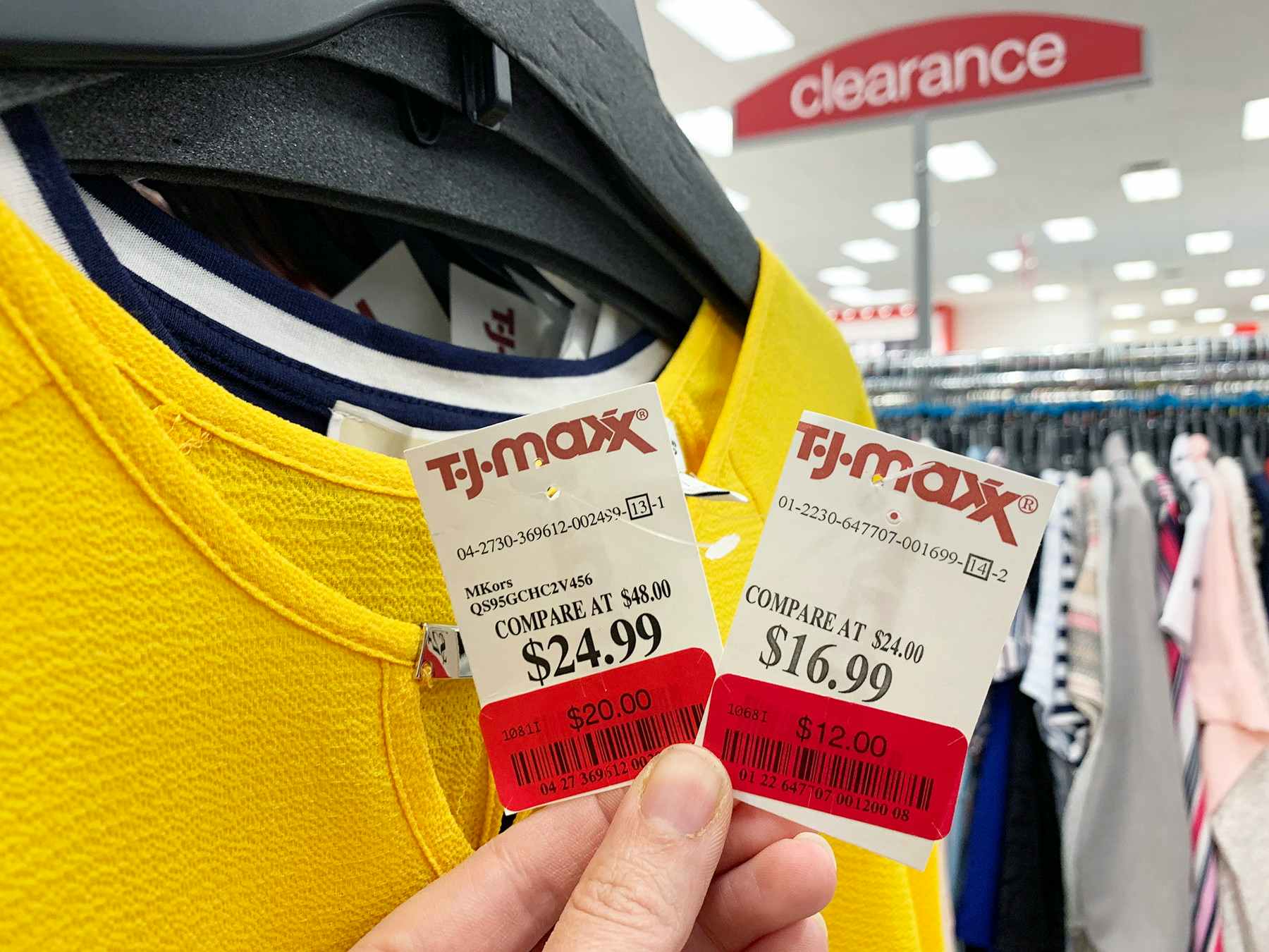the same yellow shirt showing two different prices at T.J. Maxx
