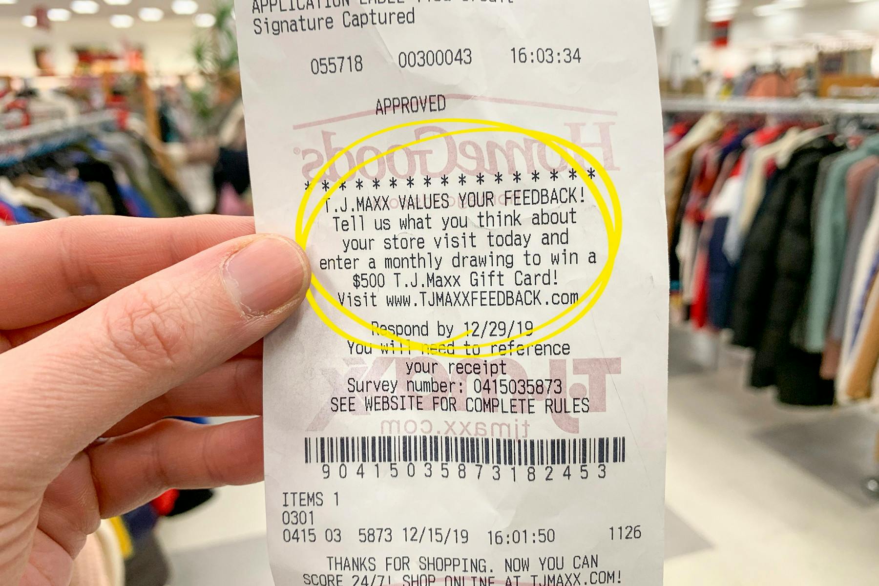A TJ Maxx receipt with a survey for gift card giveaway info circled.