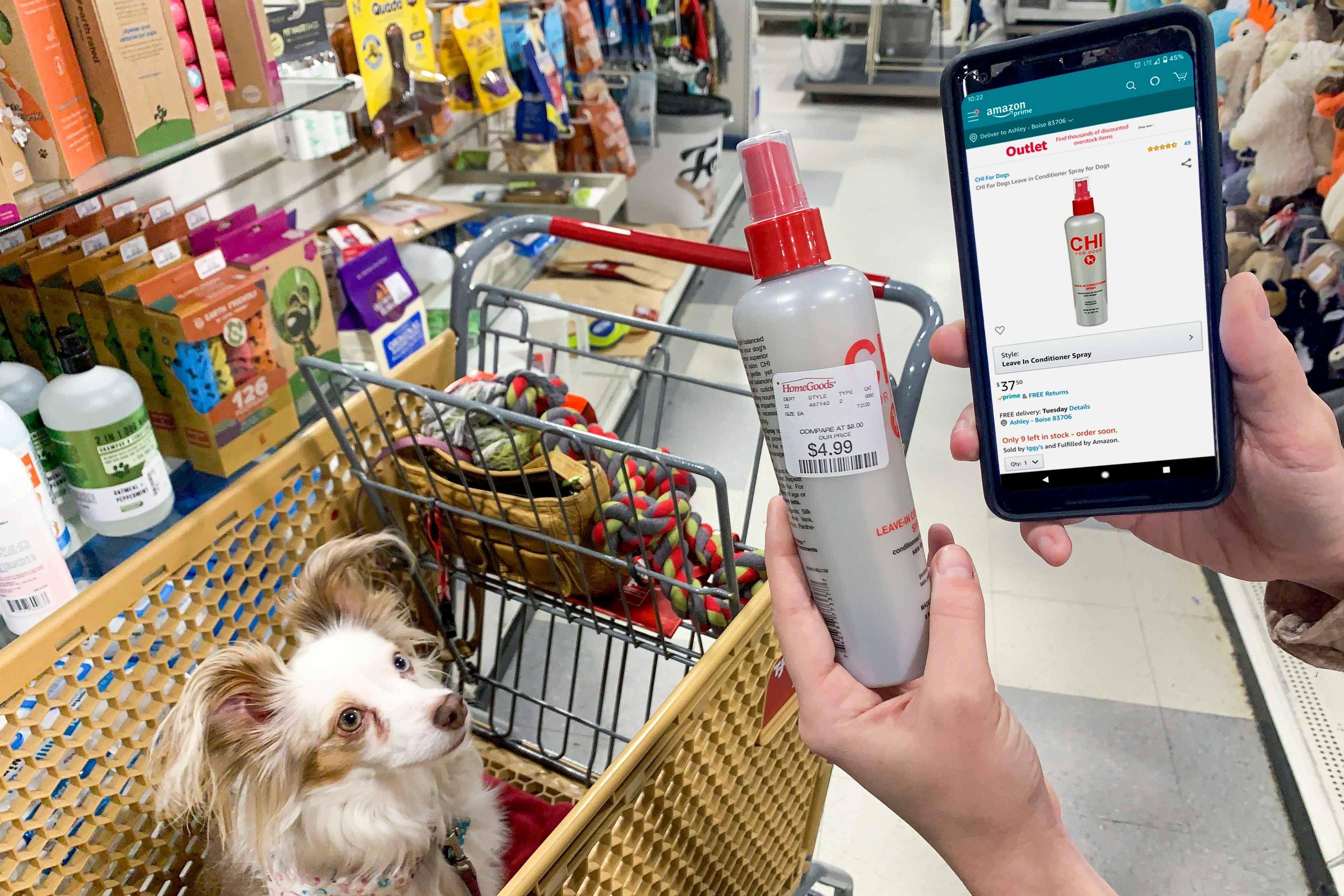 A bottle of Chi Dog leave in conditioner with a price tag reading $4.99, held next to a phone showing the price comparison on the amazon App reading $37.50.