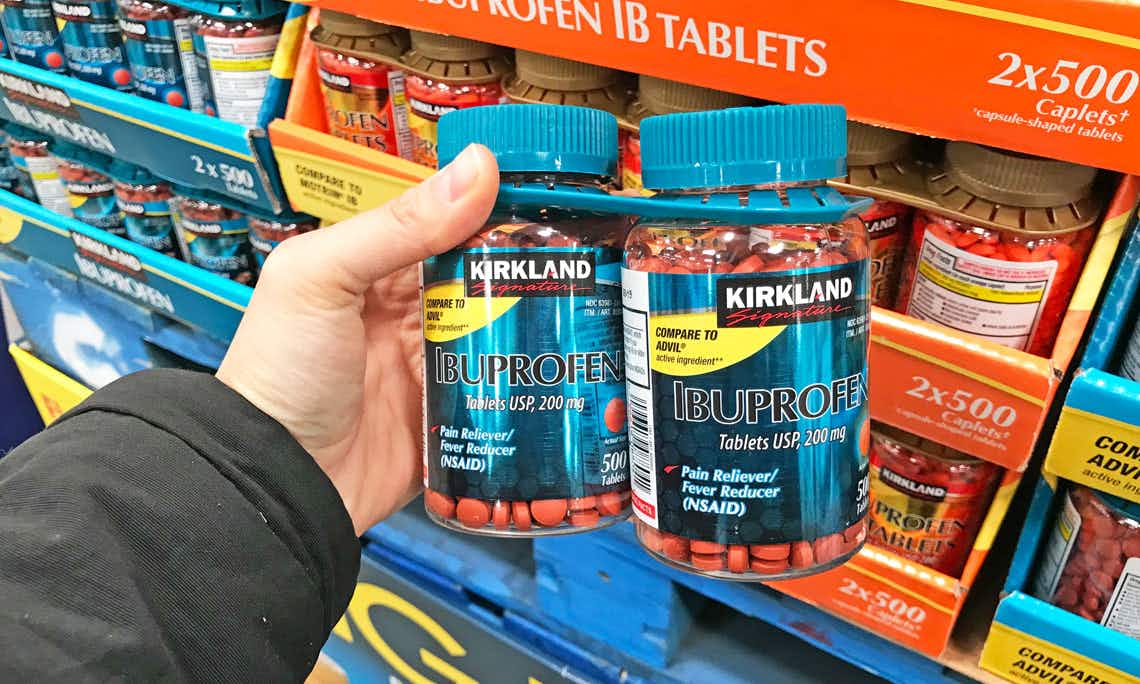 two bottles on ibuprofen packaged together being held in store 