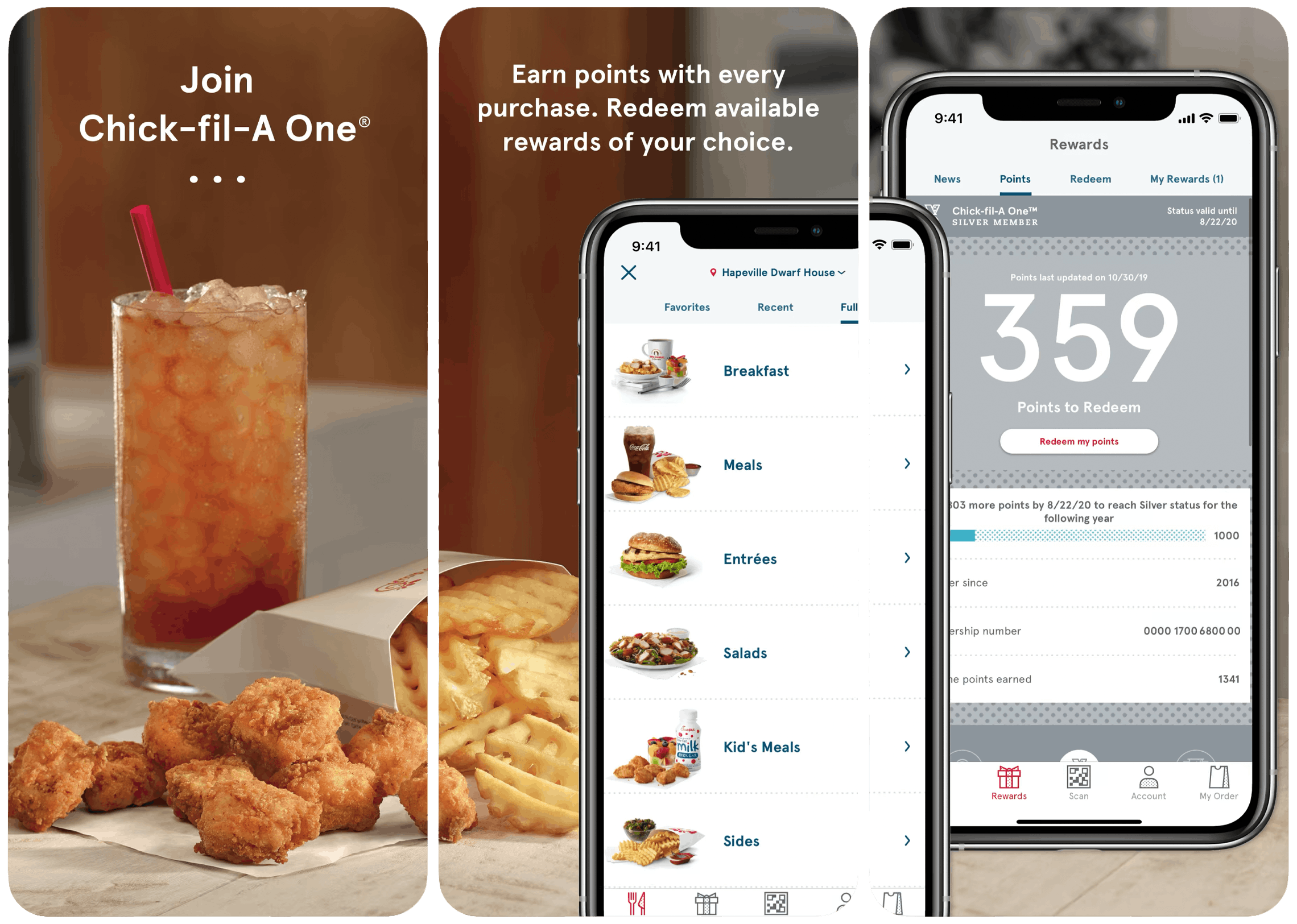 An advertisement for the Chick-fil-A app and rewards.