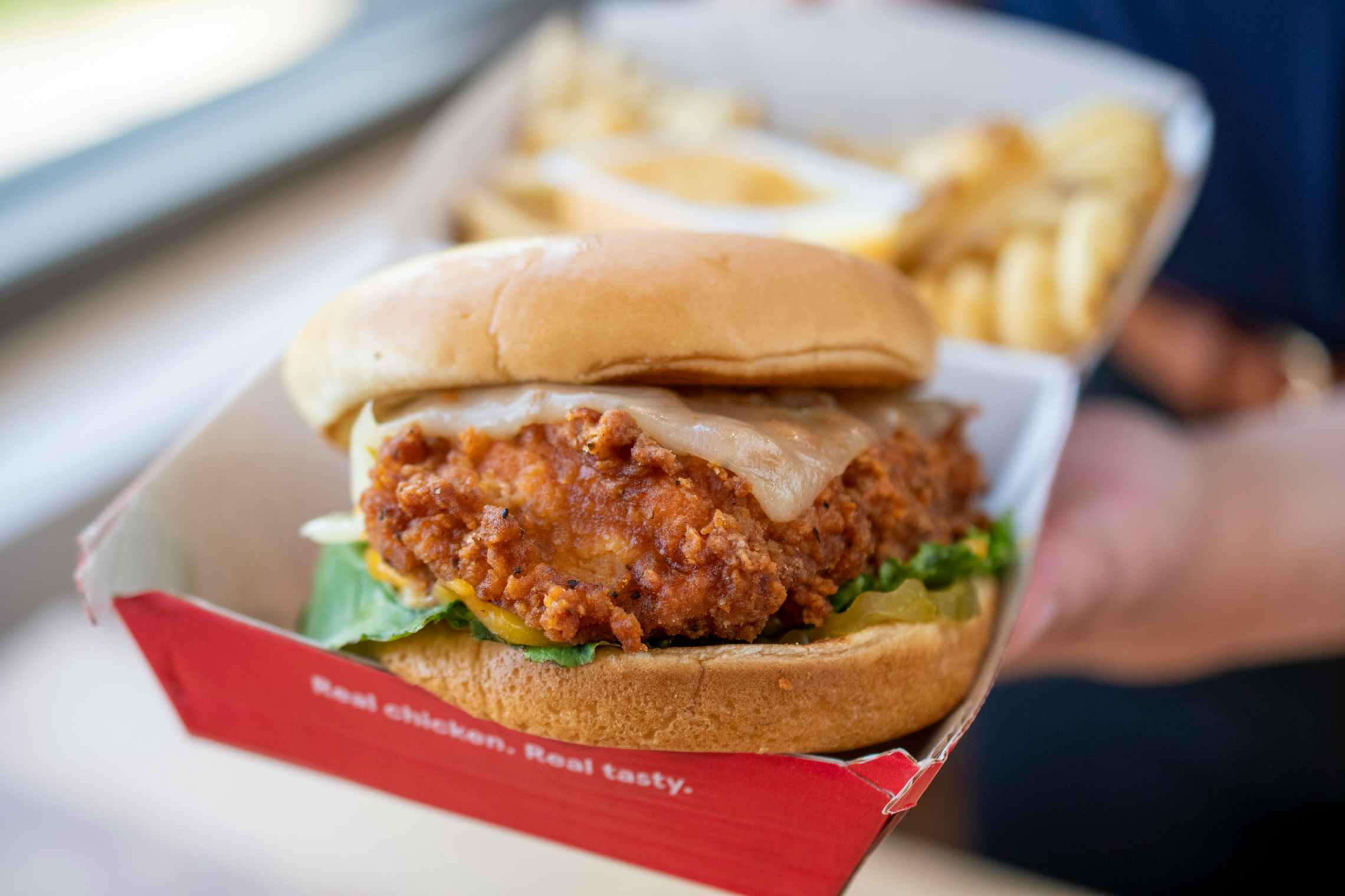 A chick-ful-a chicken sandwich and fries