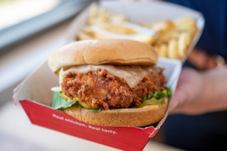 A chick-ful-a chicken sandwich and fries