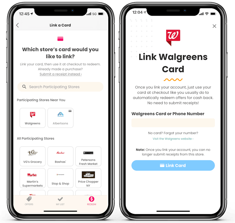 Coupons.com loyalty card linking page in the app.