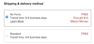 shipping and delivery screenshot from macys website