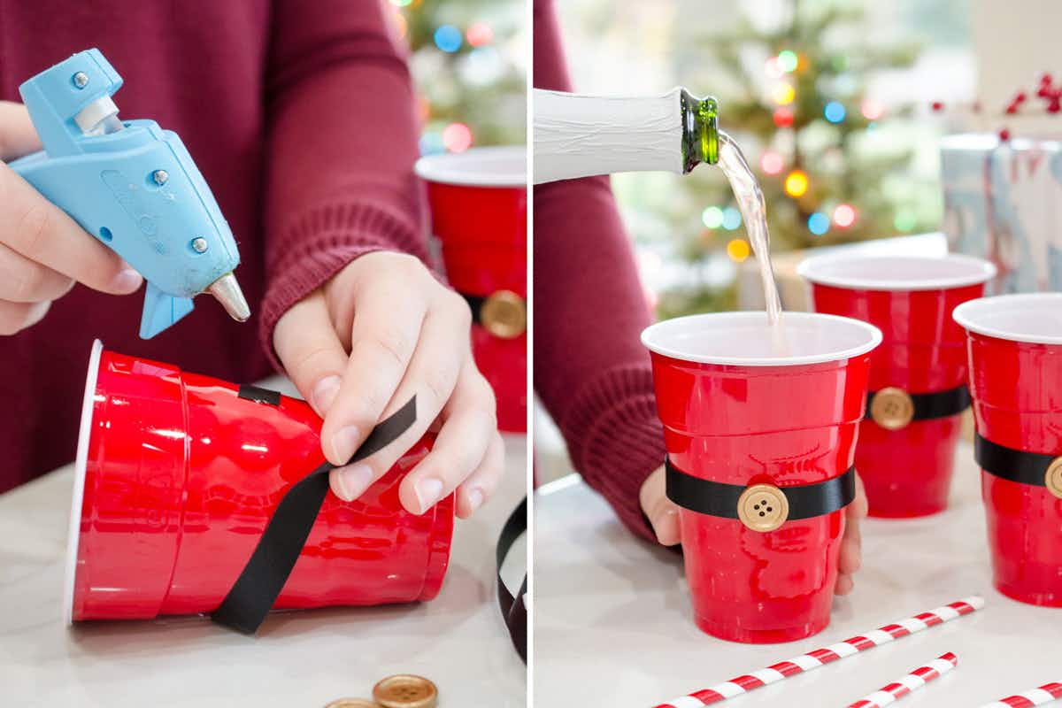 Dress up red Solo cups with black ribbon and buttons.
