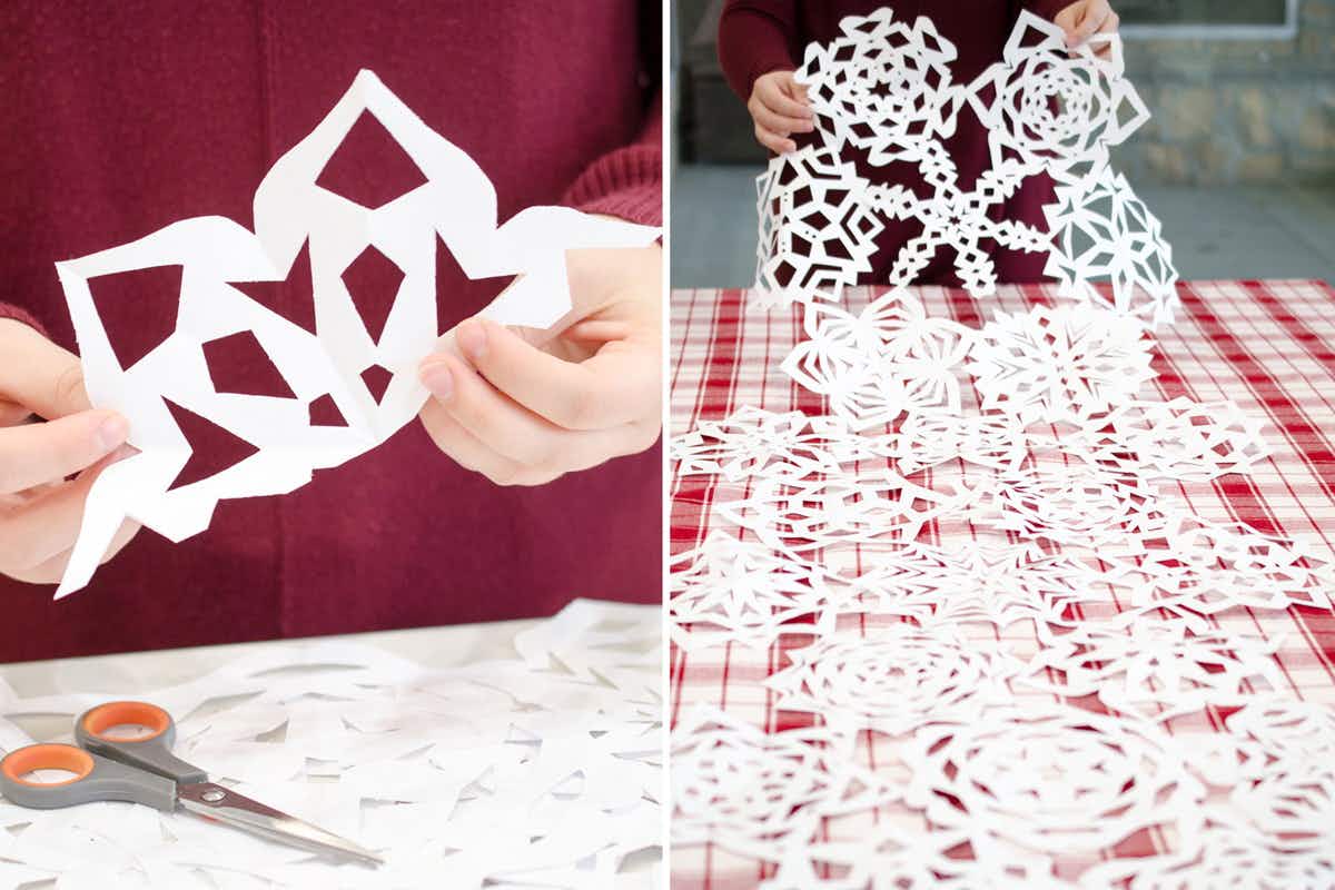 Create a DIY table runner with paper snowflakes.