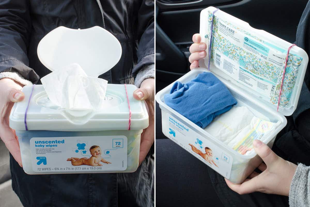 Turn an empty wipes holder into a travel diaper-changing station.