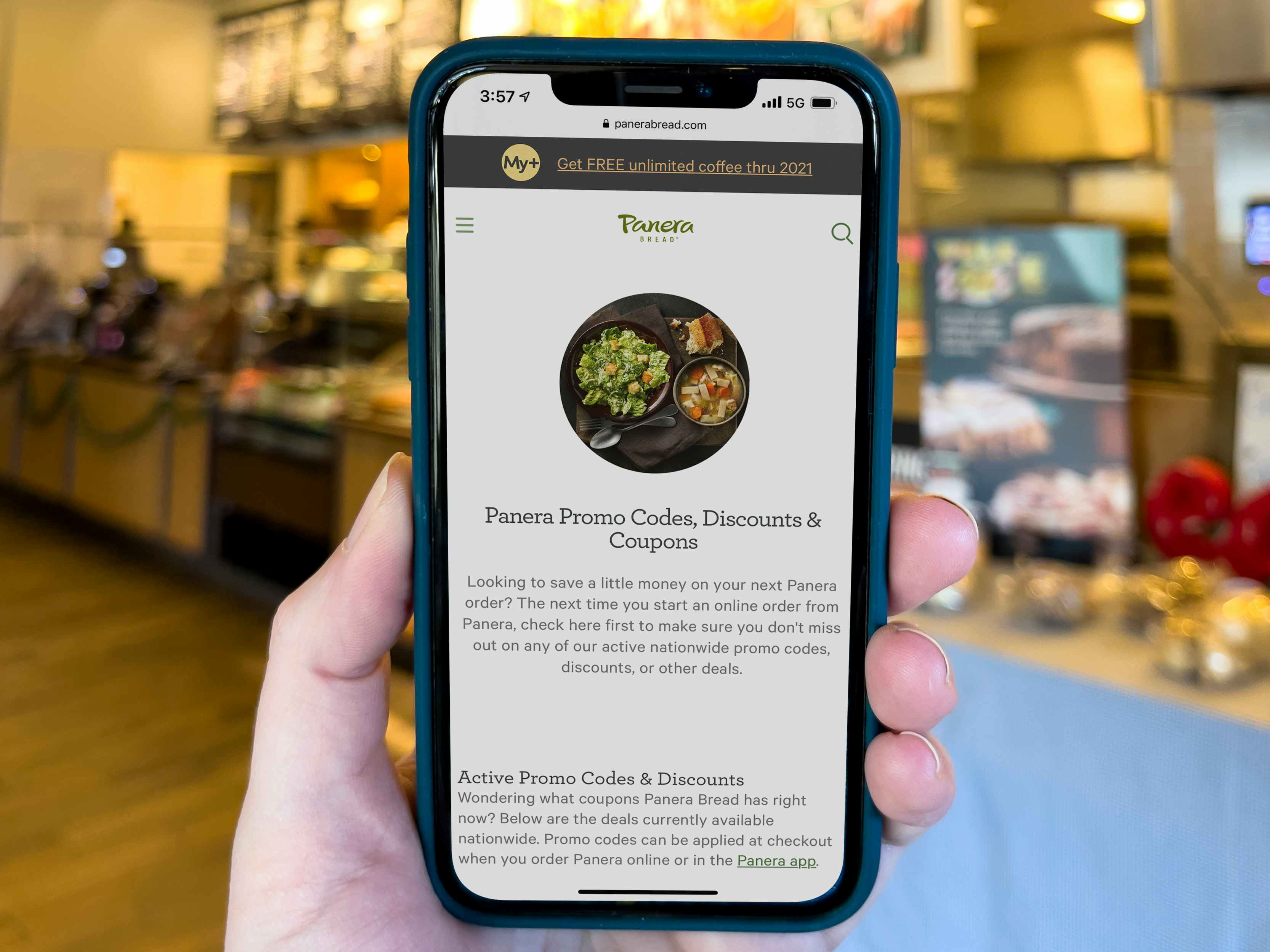 The Panera promo code and coupon page open on a cell phone