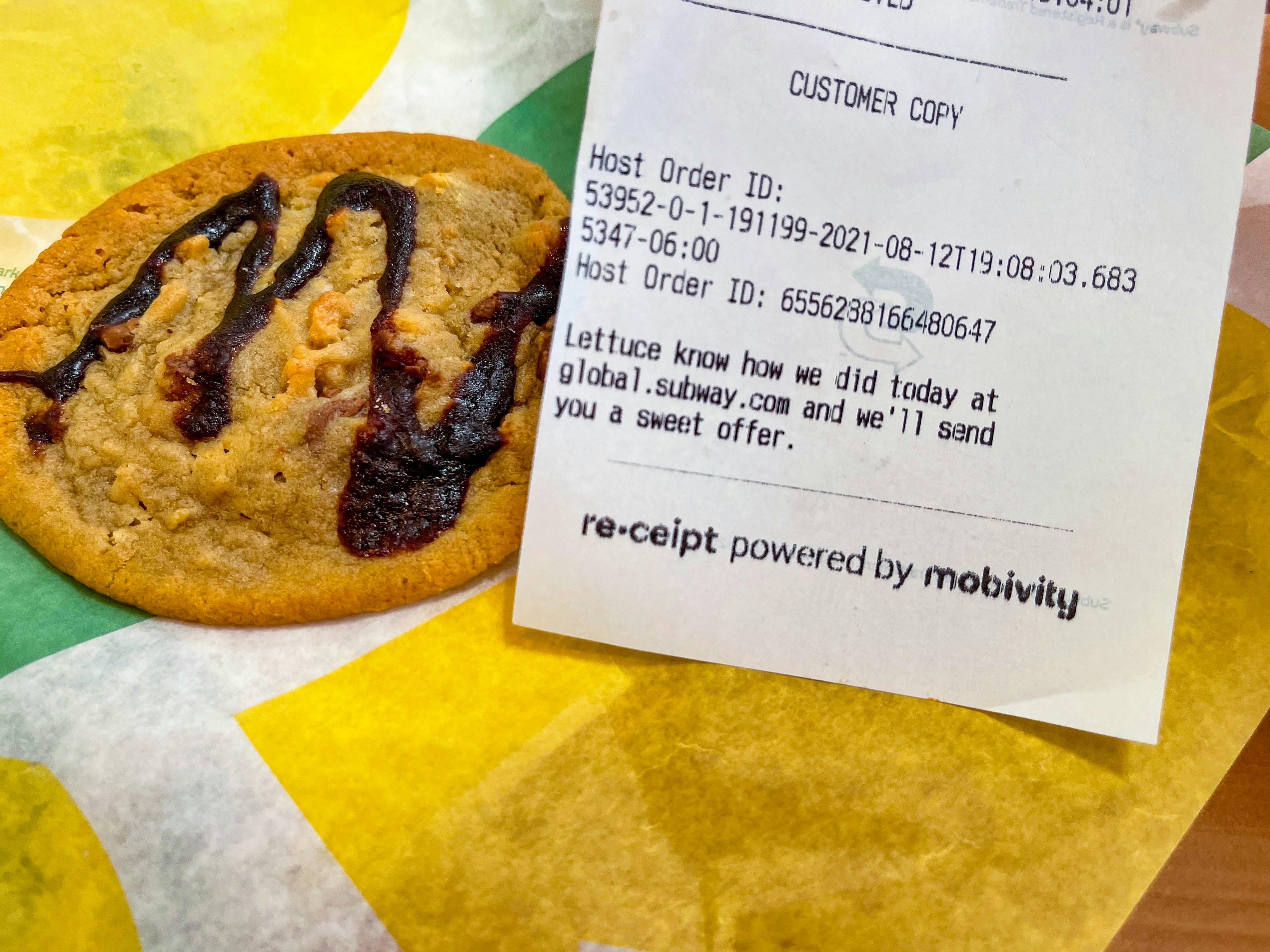 subway receipt close up of survey and cookie