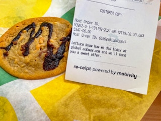 subway receipt close up of survey and cookie