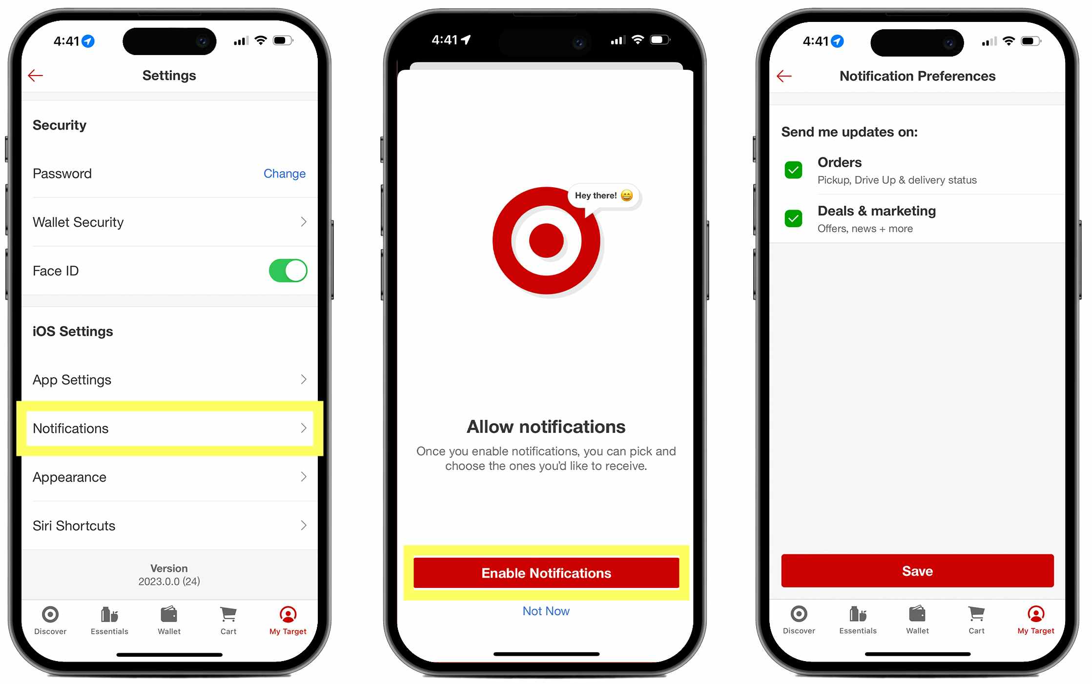 Three phones, the first showing the Target account settings menu, the second showing the prompt to enable notifications, and the third showing notifications enabled within the Target app